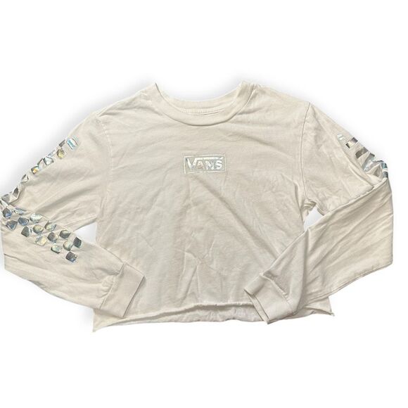 VANS Women’s White Long Sleeve Holographic Logo Cropped Tee Size Small - Picture 1 of 5
